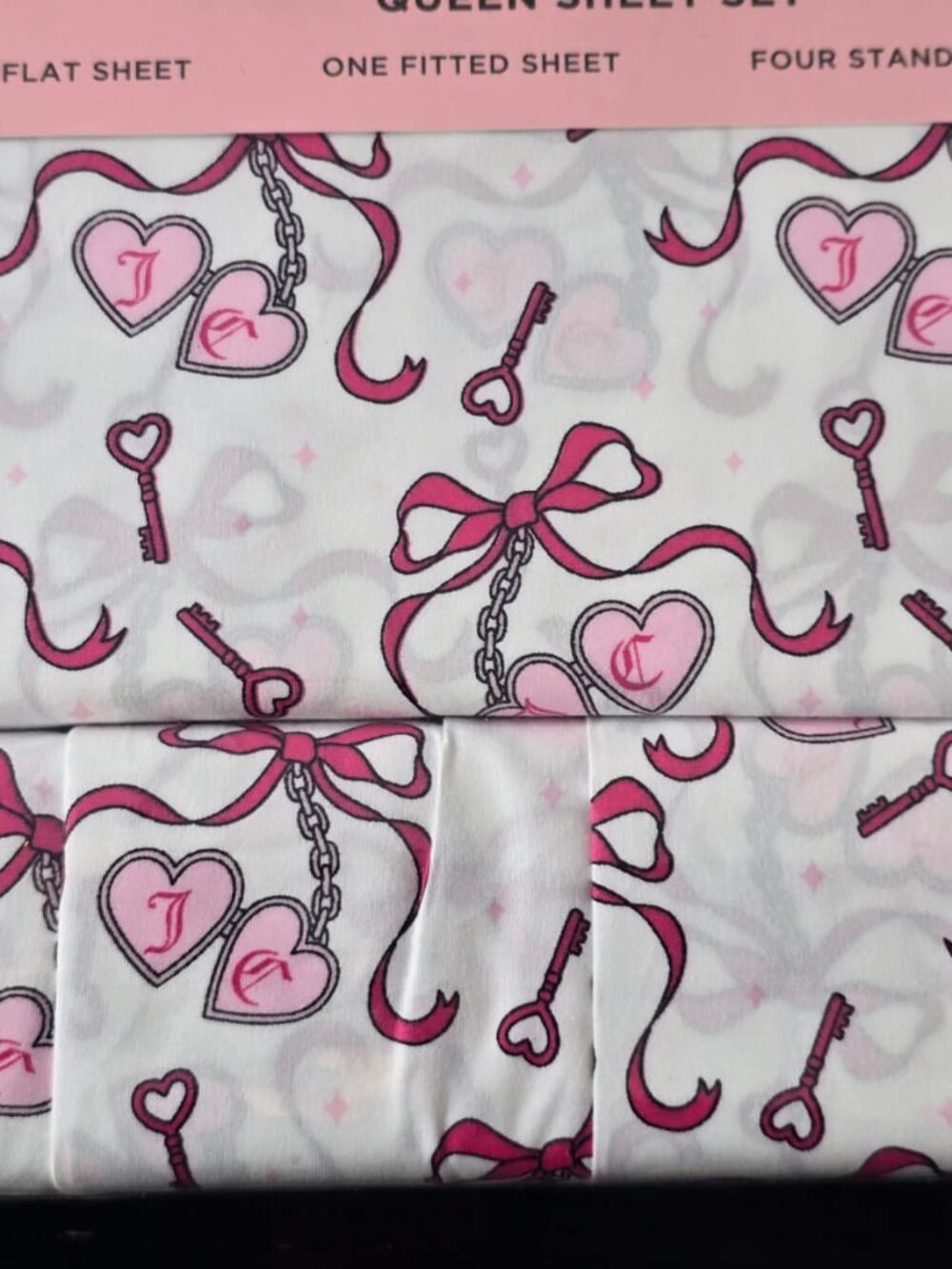Juicy Couture Queen Sheet Set Pink Bow Print 6 Pc Bedding Set New - Picture 2 of 5